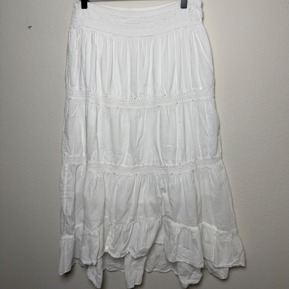 Cato Womens 100% Cotton Fairy Cottage Skirt Medium White‎ Tiered Sequin Smocked